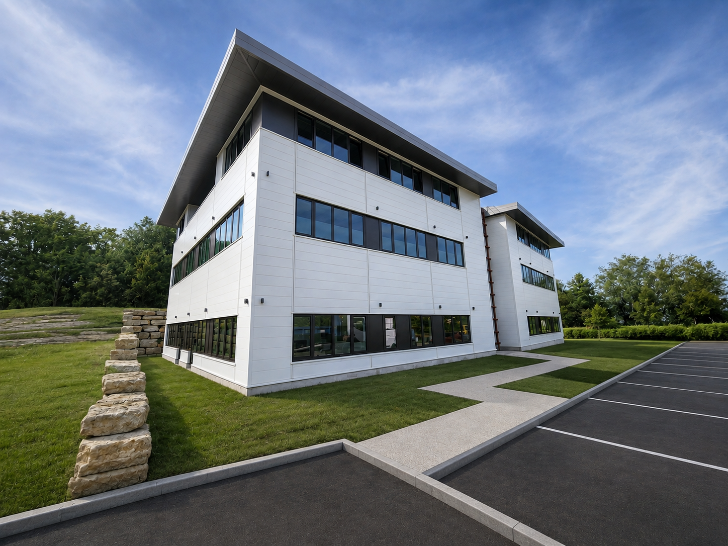 Façade de la Maison de Santé de Lissieu Bois-Dieu, bâtiment blanc contemporain entouré de verdure